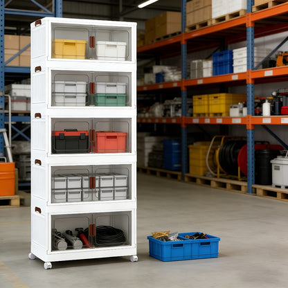 Stackable Foldable Storage Cabinet with Door, PP Plastic 1/2/3/4/5 Layer Organizer Box with Wheels & Cover