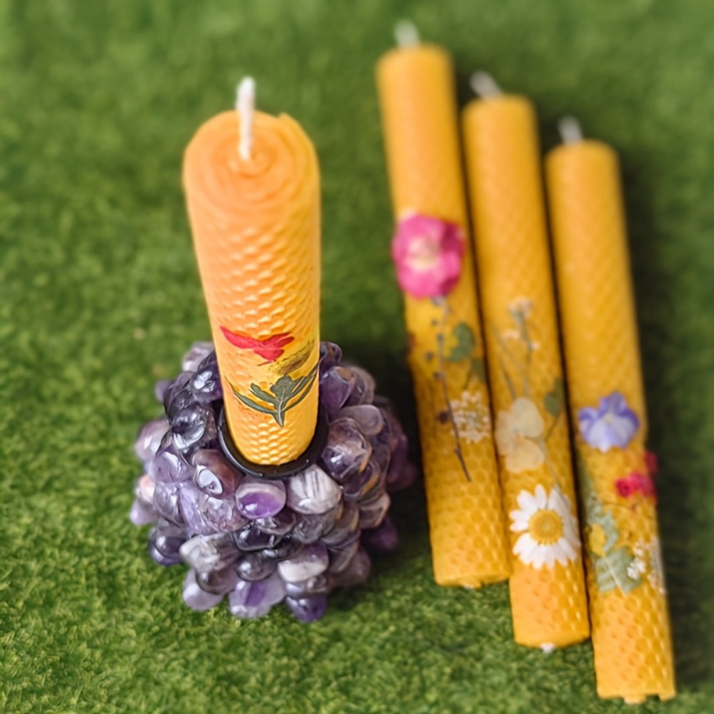 Floral Cone Candle Holders Set of 4, 10-Inch Decorative Beeswax Taper Candles for Holiday Parties