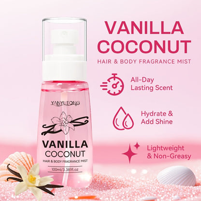Coconut Vanilla Fragrance Mist Hair & Body Spray – Alcohol-Free with Vitamin E, Argan Oil & Glycerin, Moisturizing Long-Lasting Tropical