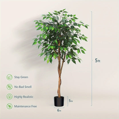 Artificial Ficus Tree with Braided Trunk, Full Green Canopy, Black Pot and 4, 5 or 6 ft Height Options