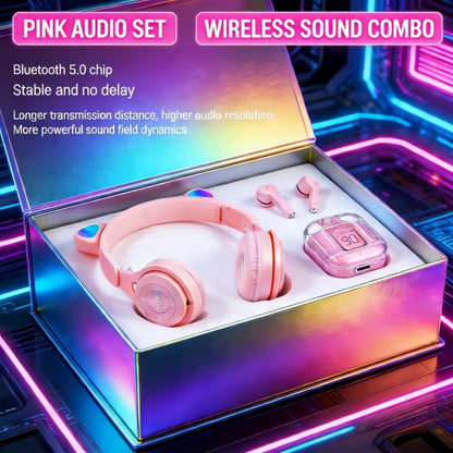 Cute Pink Cat Ear Headphones & Wireless Earbuds Gift Set Bundle LED Glowing Over-Ear for Bedside Audio, Alarms and Room Entertainment