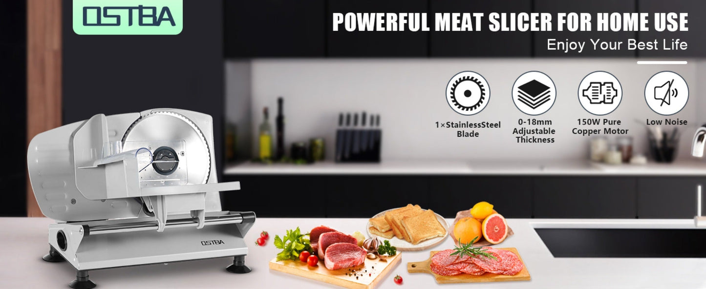 Electric Deli Food Slicer with Removable Stainless Steel Blades – Adjustable Thickness Meat Slicer for Home, Easy to Clean