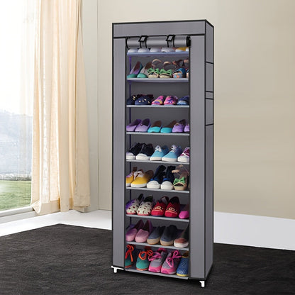 Covered Ten-Layer Shoe Organizer with Nine Cubbies in Grey or Burgundy Fabric Checkout Colors