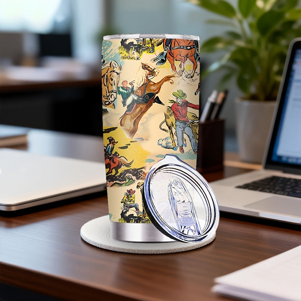 Insulated Tumbler 20oz Cowboy Western Graphic in Yellow Stainless Steel with Lid and Straw