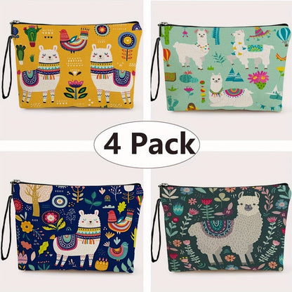 Makeup Bag Four-Piece Zipper Pouch Set in Floral or Animal Prints for Travel, Vanity and Everyday Beauty Storage