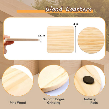 Unfinished Wood Coaster Blanks 4 Inch Round Square DIY Craft Supplies for Painting Engraving for Entryways, Bedrooms and Living Spaces