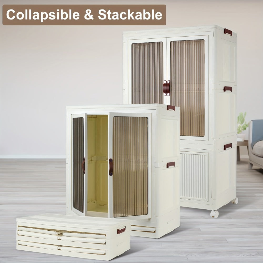 Portable Closet Wardrobe with Wheels & Hanging Rod, Foldable Clothes Cabinet with Doors, 10 Hangers