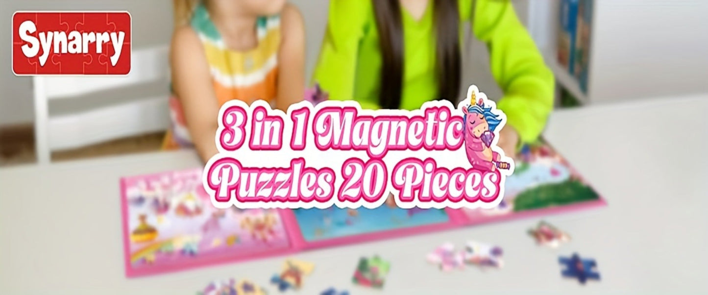 Magnetic Puzzle Book for Girls 3 4 5 6, 3-in-1 Unicorn Mermaid Princess Travel Puzzles, 20 Pieces Folding Magnetic Jigsaw for Toddlers