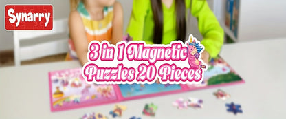 Magnetic Puzzle Book for Girls 3 4 5 6, 3-in-1 Unicorn Mermaid Princess Travel Puzzles, 20 Pieces Folding Magnetic Jigsaw for Toddlers