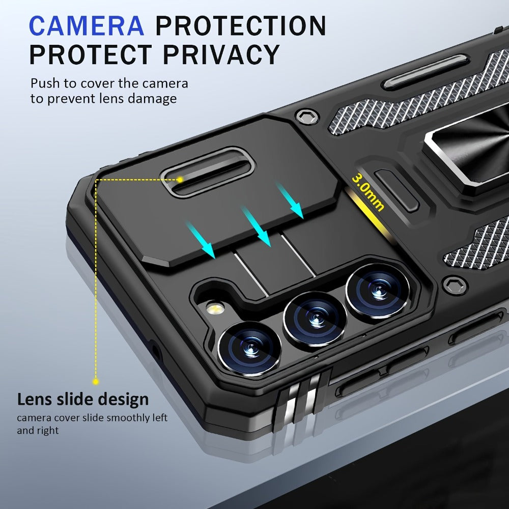 Samsung Galaxy Shockproof Magnetic Phone Case with 360° Rotating Ring Bracket & Sliding Lens Protector – Heavy Duty Cover for S24FE S23FE