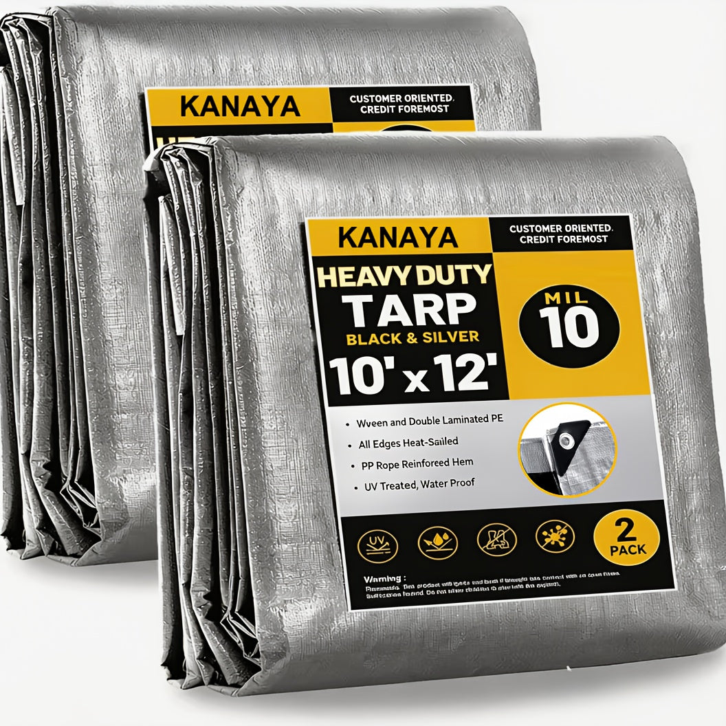 Tarp 2-Pack 10Mil 150GSM Black Silver, Tear-Proof Polyethylene Cover with Reinforced Grommets for Roof Pool Boat Car Camping & Outdoor