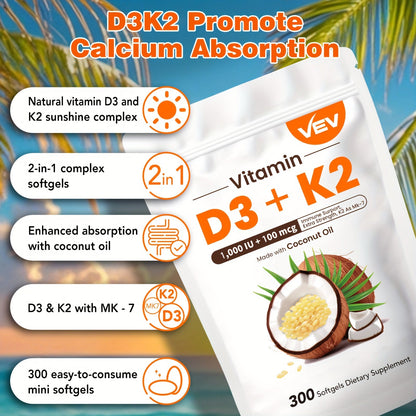 Bone Health Supplement Vitamin D3 1000 IU K2 MK-7 100mcg, 300 Softgels with Coconut Oil for Calcium Absorption