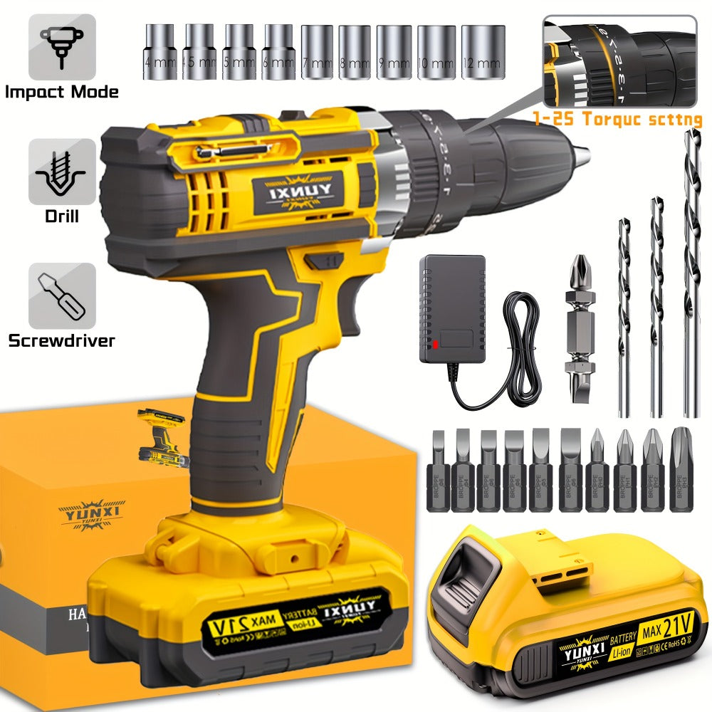 Cordless Impact Drill Set 21V - Wireless Power Drill with Battery & Quick Charger, Multifunctional Tool Kit for Home