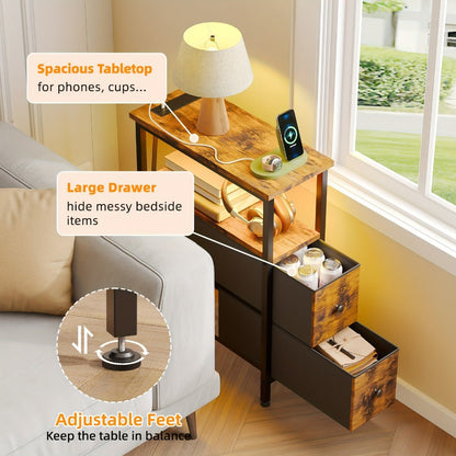 Nightstand Slim One or Two Fabric Drawers with Charging Station, LED Light and Single or Two-Pack Choice