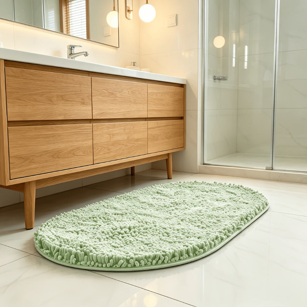 Oval Chenille-Style Bath Mat with Five Color Designs and 40 × 60 to 63 × 95 cm Size Options