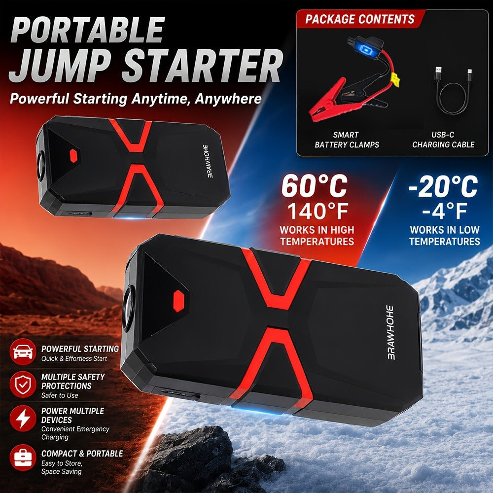 Portable Car Jump Starter with Tire Inflator – 3000A Peak 12V Battery Booster, USB Power Bank, LED Emergency Light