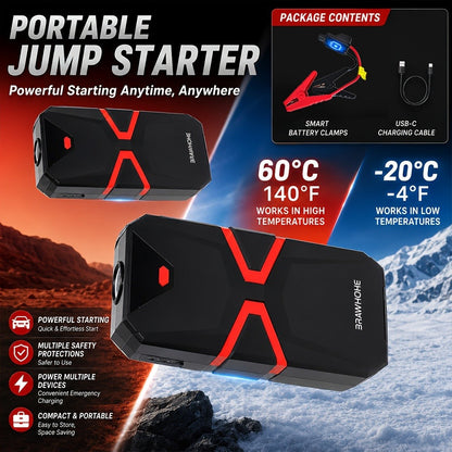 Portable Car Jump Starter with Tire Inflator – 3000A Peak 12V Battery Booster, USB Power Bank, LED Emergency Light