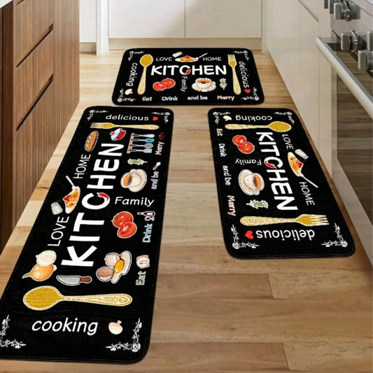 Kitchen Rug Set 3-Piece, Egg Beater Knife & Fork Theme Decorative Kitchen Mats, Easy-to-Clean Carpet for Kitchen