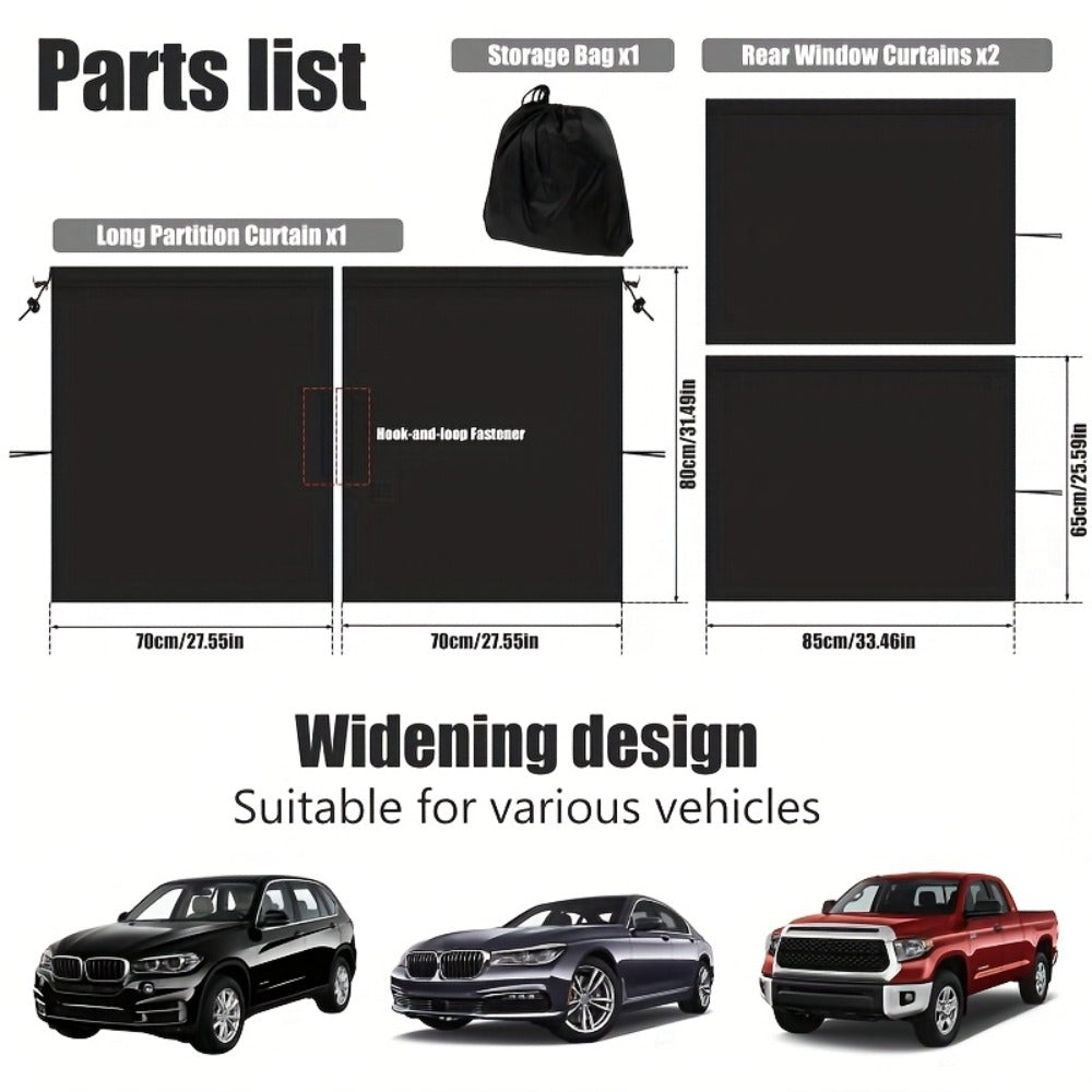 Car Privacy Curtain Set 3-Piece 99% Blackout | Extra-Large Rear Seat Divider & Side Window Curtains, Double-Layer Fabric