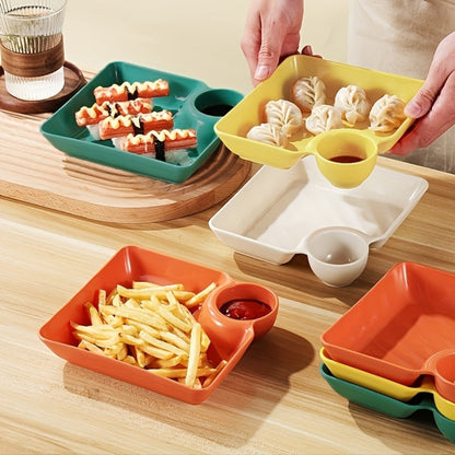 Colorful Serving Plates Set 4 Piece – BPA-Free PP Rectangular Snack, Sushi & Appetizer Plates with Dipping Sauce Compartments