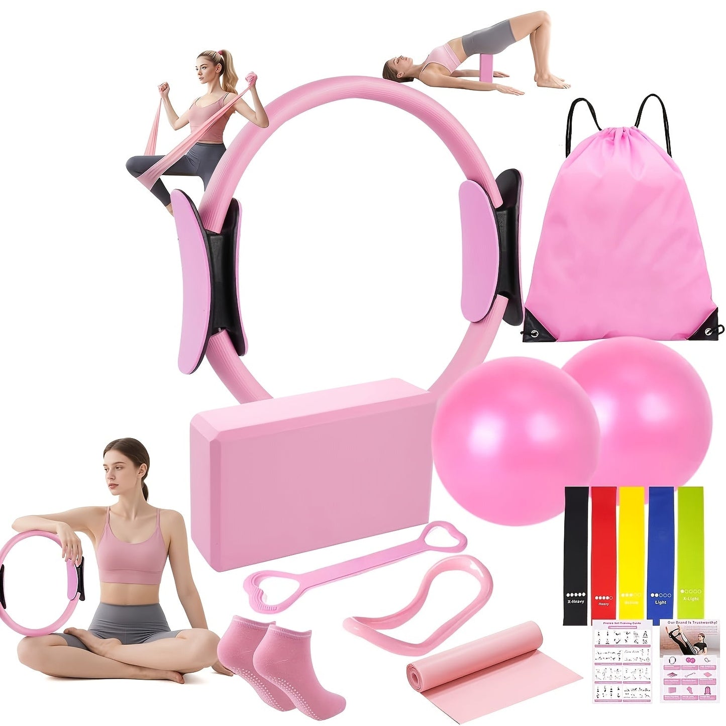 Pink 14-Piece Pilates Ring Set with Two Balls, Five Resistance Bands, Foam Block and Drawstring Bag