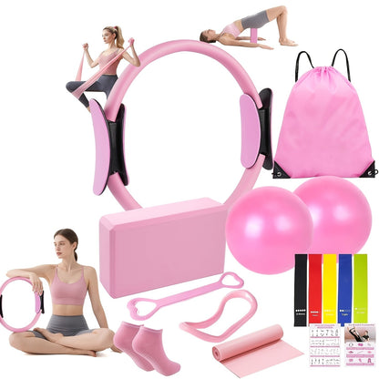 Pink 14-Piece Pilates Ring Set with Two Balls, Five Resistance Bands, Foam Block and Drawstring Bag