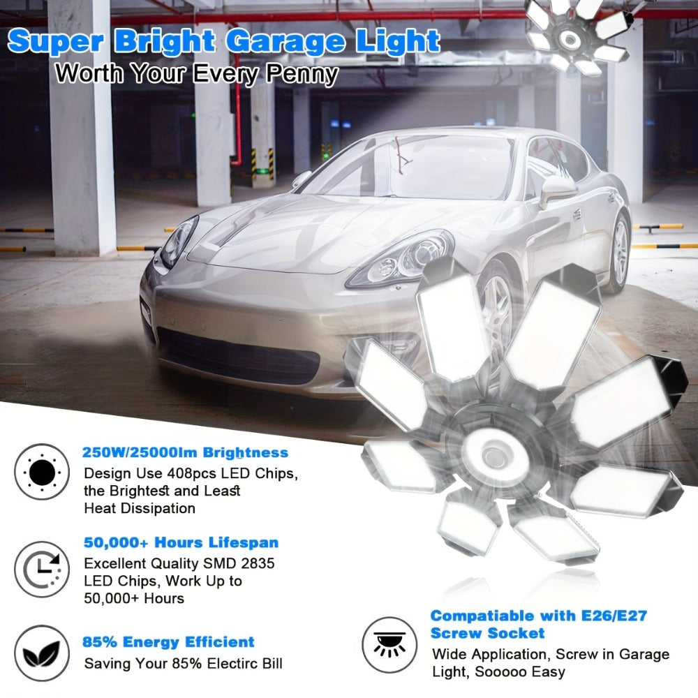 LED Garage Lights 25000LM Deformable, 250W Equivalent E26/E27 Screw-In Ceiling Shop Light with 6+1 / 8+1 Adjustable Panels for Garage
