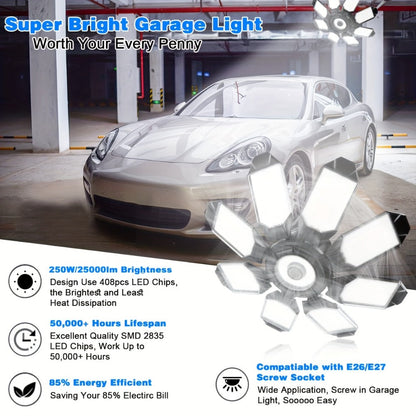 LED Garage Lights 25000LM Deformable, 250W Equivalent E26/E27 Screw-In Ceiling Shop Light with 6+1 / 8+1 Adjustable Panels for Garage