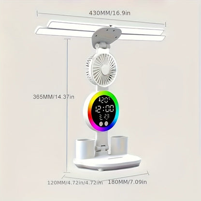 LED Desk Lamp with Built-in Fan & Touch Control, Dual Head Adjustable, USB Charging, 3 Color Modes Dimmable