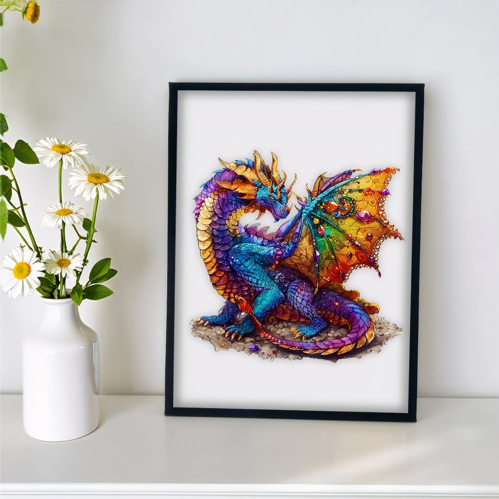 Dragon Wooden Jigsaw Puzzle Gemstone Fantasy – Colorful Irregular Animal Shaped Pieces, Unique Non-Repetitive Plywood Brain Teaser