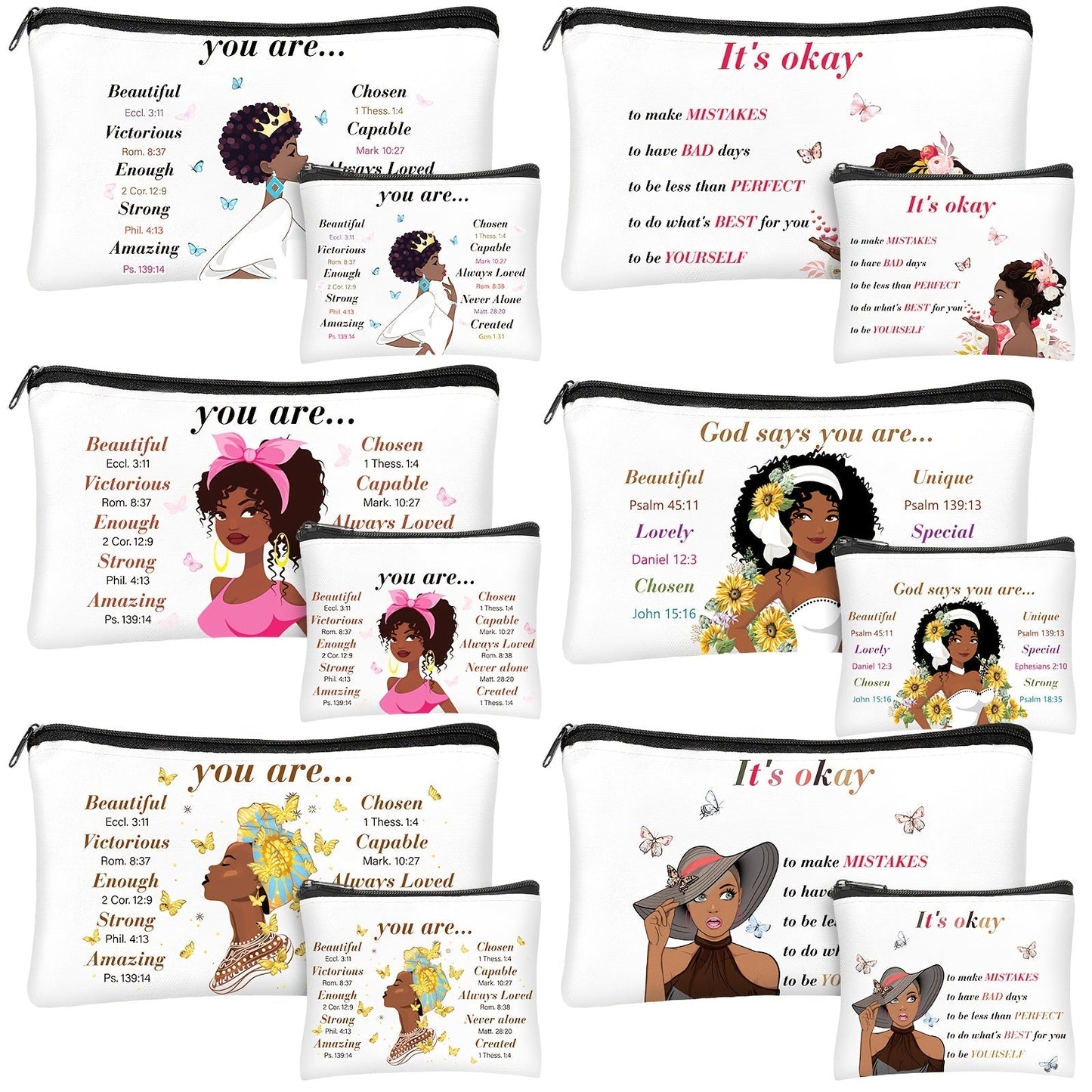 African Queen Makeup Bag Set 12 Pcs Inspirational Zipper Cosmetic Bags with Wallet Travel Toiletry Organizer Gift Set for Black Women Girls