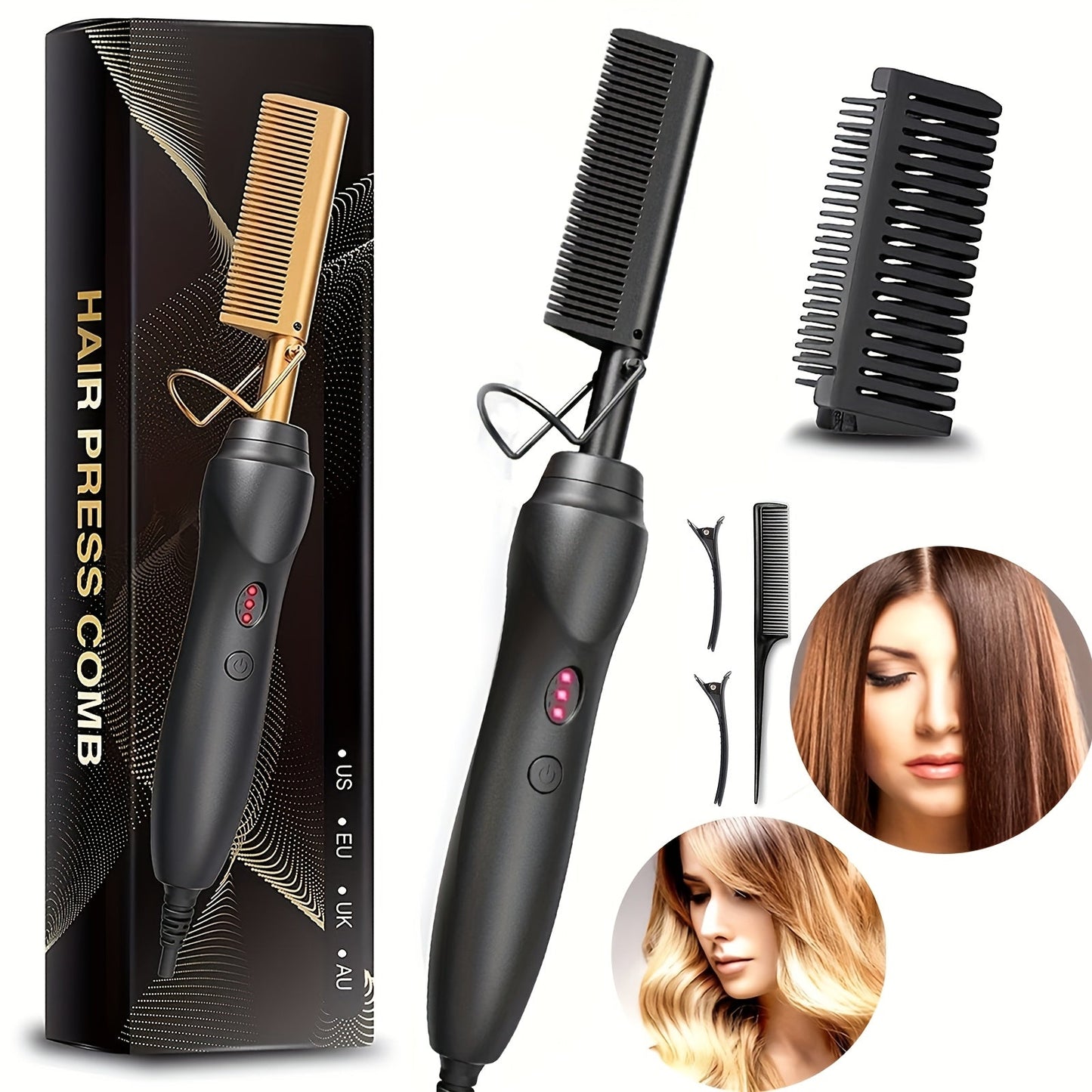 Electric Press-Comb Hair Straightener in Pink, Gold, Black, Gradient or Avocado Green with Corded Handle