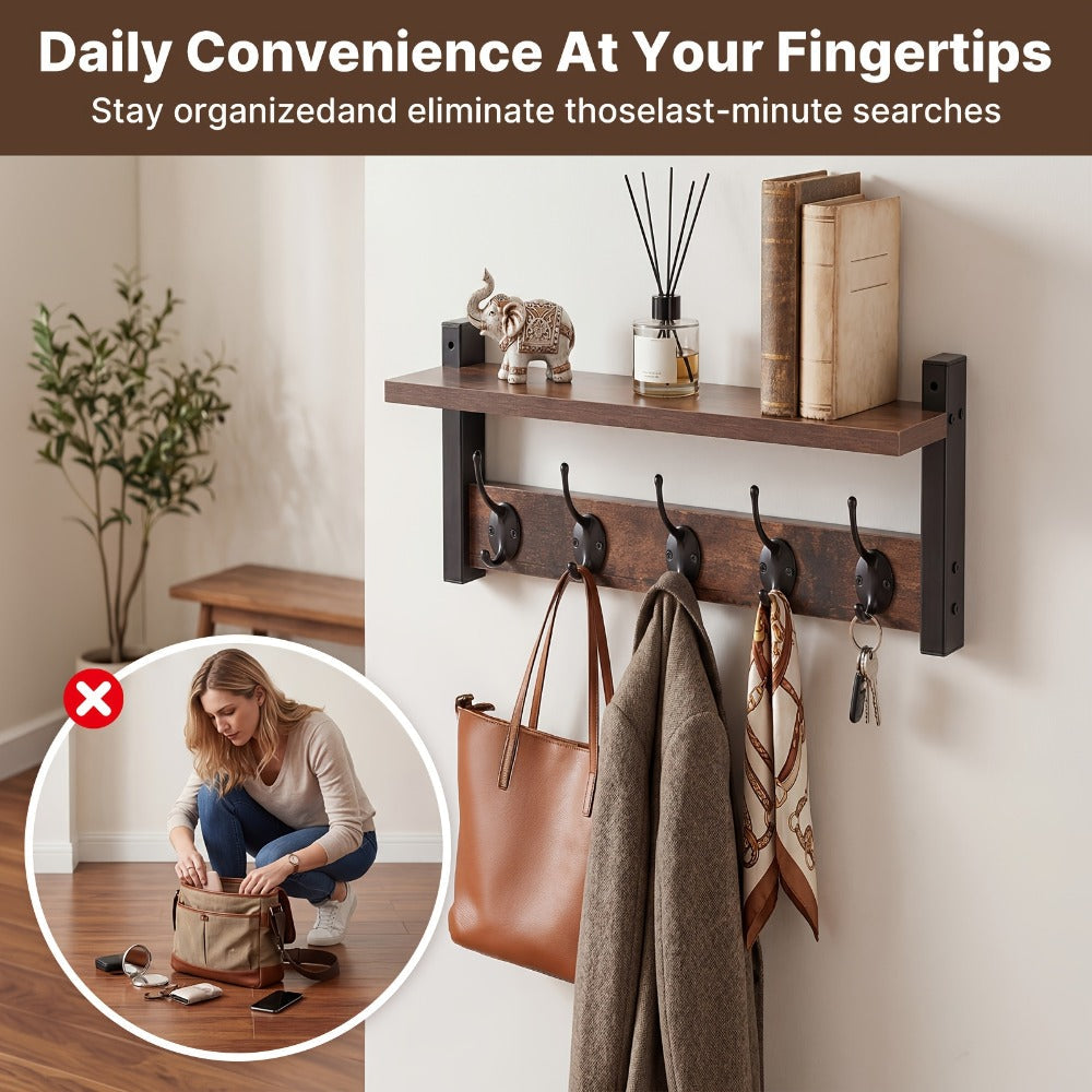 Vintage Wall-Mounted Shelf and Key Rack with Five Hooks, 17.1-Inch Width and Brown Board Finish