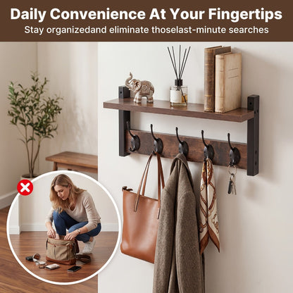 Vintage Wall-Mounted Shelf and Key Rack with Five Hooks, 17.1-Inch Width and Brown Board Finish
