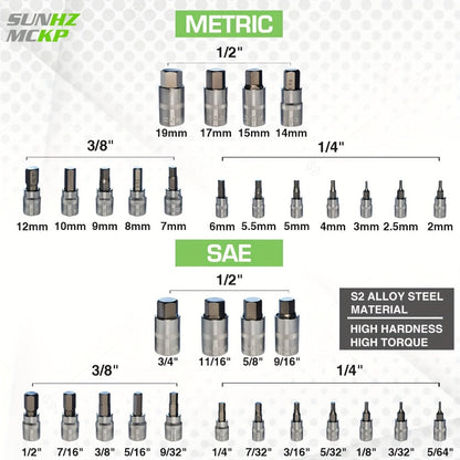 Allen Hex Bit Socket Set 32-Piece – 1/4" 3/8" 1/2" Drive SAE & Metric S2 Steel Hex Key Sockets with Organized Storage Case for Home
