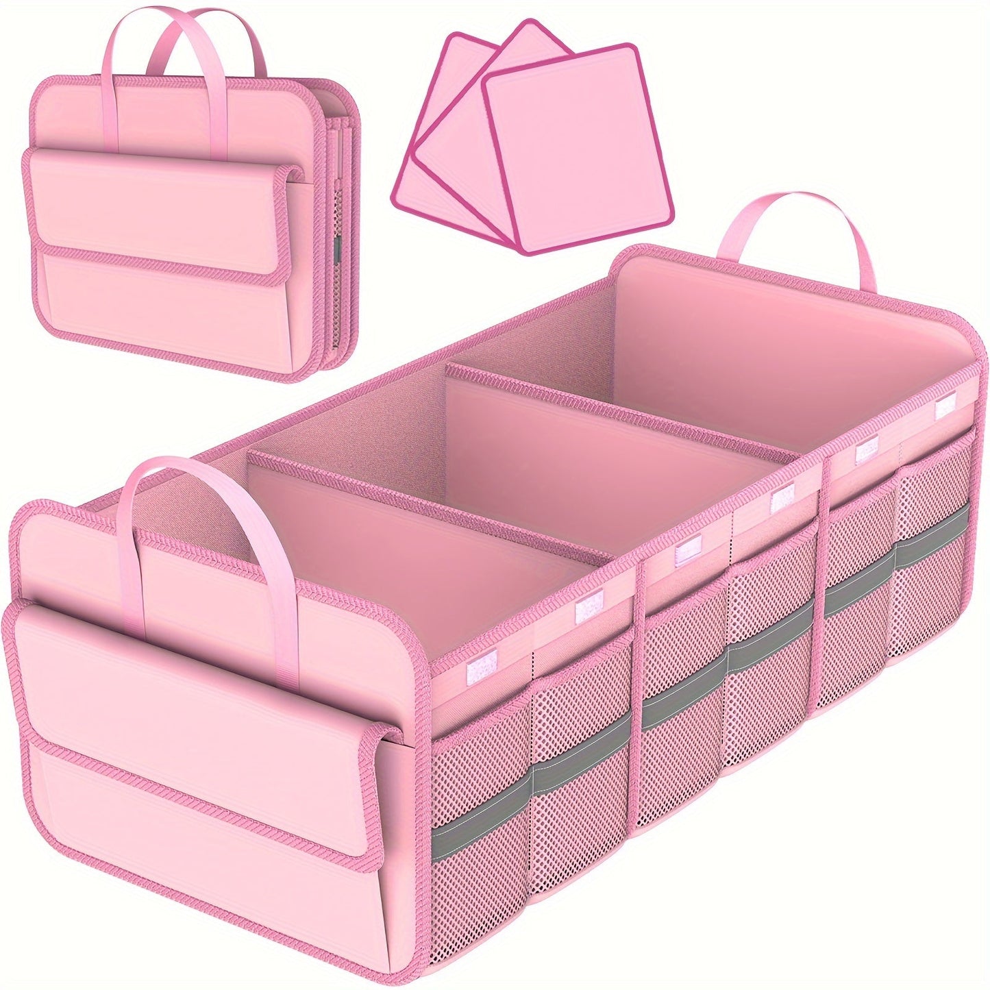 Car Trunk Organizer, 67L Foldable Multi-Compartment Bin with Carry Handles and Pink or Black Color Options