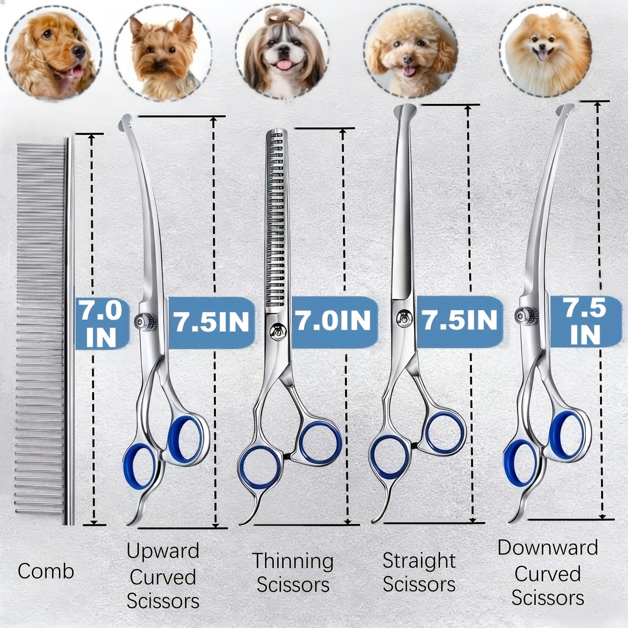 Dog Grooming Scissors Set 7-in-1 Professional Ceramic Coated Stainless Steel Safety Round Tip Straight Thinning Curved Scissors Comb Kit