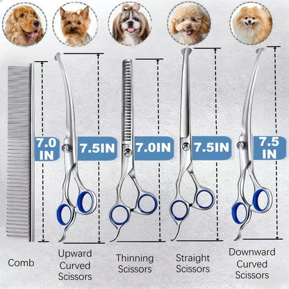 Pet Grooming Scissors Set, Seven-Piece 4CR Stainless Steel Kit with Straight, Curved and Thinning Shears