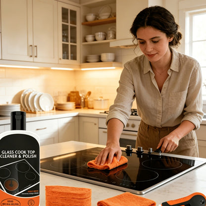 Glass Stove Top Cleaner Kit 12oz Non-Abrasive No Scratch Cooktop Cleaner and Polish Removes Tough Grease Stains 9-Piece Set with Scrubbing