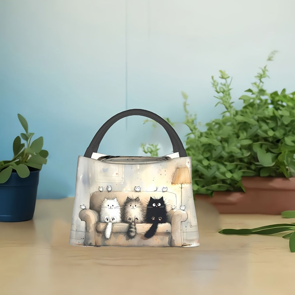 Cat Print Lunch Bag Tote, 11 x 6.3 x 6.7 Inches with Top Zipper, Dual Carry Handles and Tapered Profile