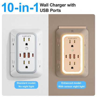3-Sided Wall Outlet Extender 10-in-1 with 6 AC Outlets & 4 USB Ports (2 USB-A & 2 USB-C) for an Everyday Personal Care Routine