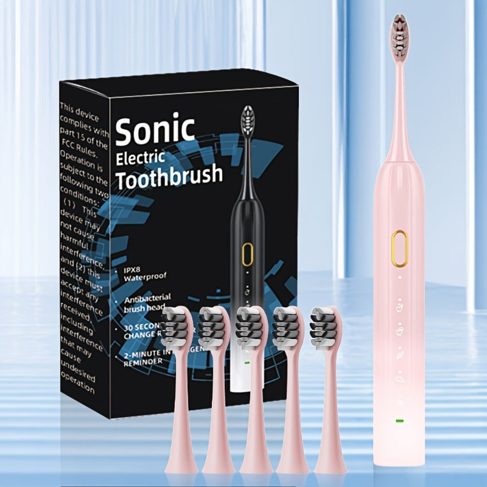 Sonic Electric Toothbrush IPX8 Waterproof USB Rechargeable with 5 Replacement Brush Heads, Smart Timer, Metal Shaft