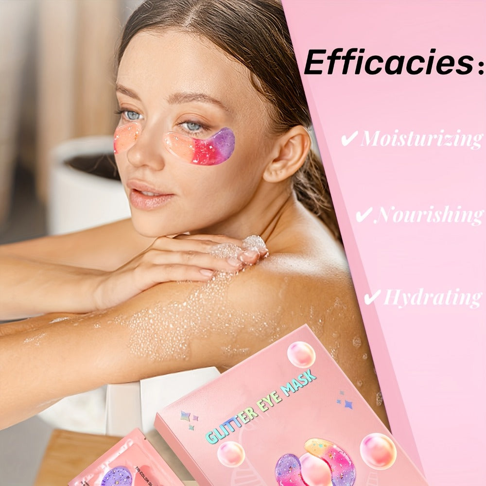 Tri-Color Glitter Under-Eye Mask Set with 24 Pairs of Individually Packed Pink, Gold and Green Gel Patches