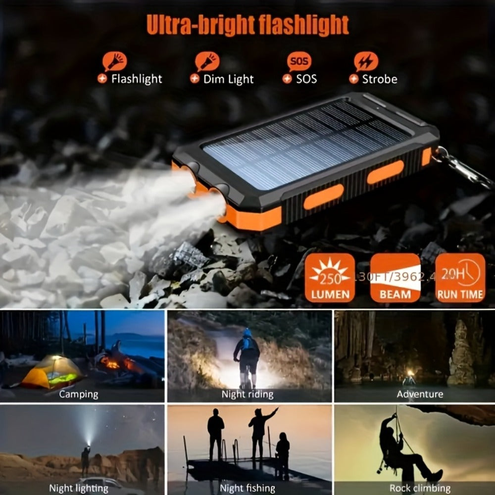 Power Bank Solar 38800mAh with QC3.0, USB-C, Dual USB Outputs, LED Flashlight and Compass for Outdoor Use