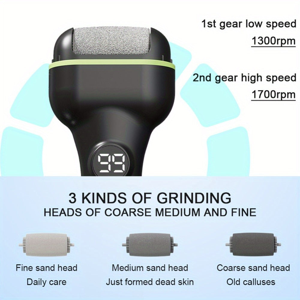 Foot Callus Remover Electric Rechargeable 3 Interchangeable Grinding Heads LCD Display Portable Electronic