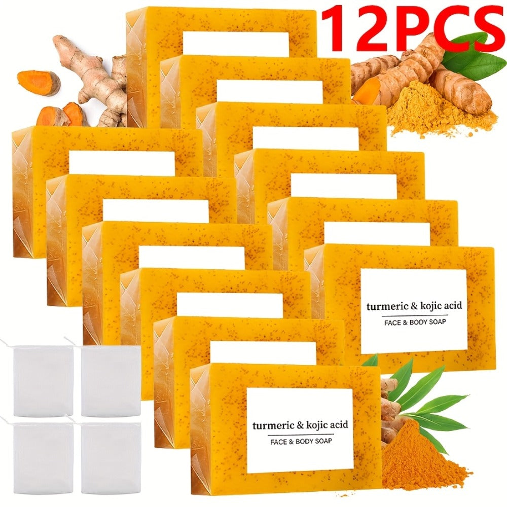 Kojic Acid Turmeric Soap Bar Set 12 Pack 100g with 4 Bubble Nets – Ginger Lemon Handmade Moisturizing Brightening Body Soap for Dark Spots