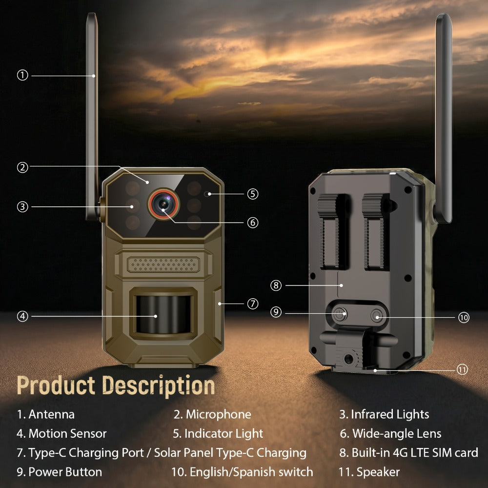 Solar Cellular Trail Camera 1920P No WiFi, 4G LTE Wildlife & Property Monitoring, PIR Motion Sensor