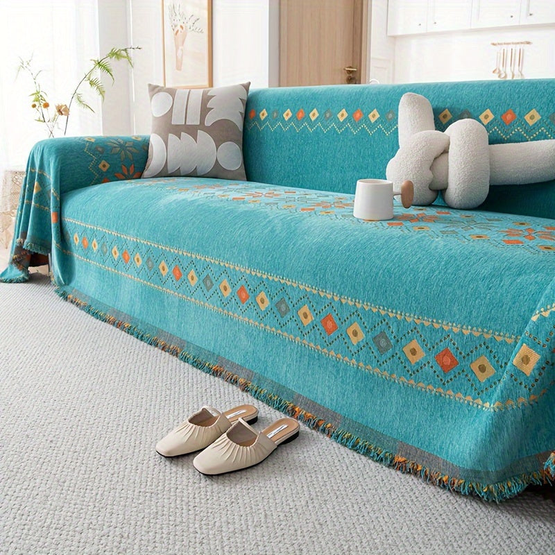 Sofa Cover Bohemian Embroidered Chenille Knit Throw with No Padding in Four Sizes and Five Colors