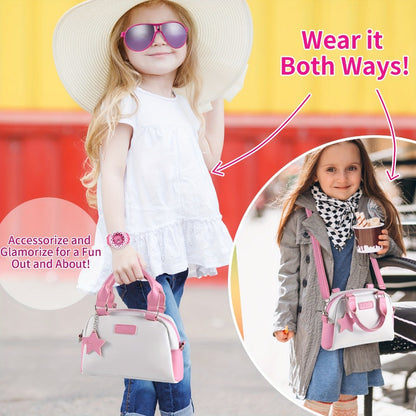 Pink Princess Play Purse Set for Girls, Pretend Makeup Handbag with Phone, Lipstick, Keys & Crossbody Bag
