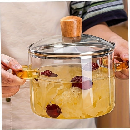 Borosilicate Glass Pot with Lid 50oz Stovetop & Microwave Safe – Double Heat-Resistant Handles for Soup, Milk & Porridge | Transparent Glass